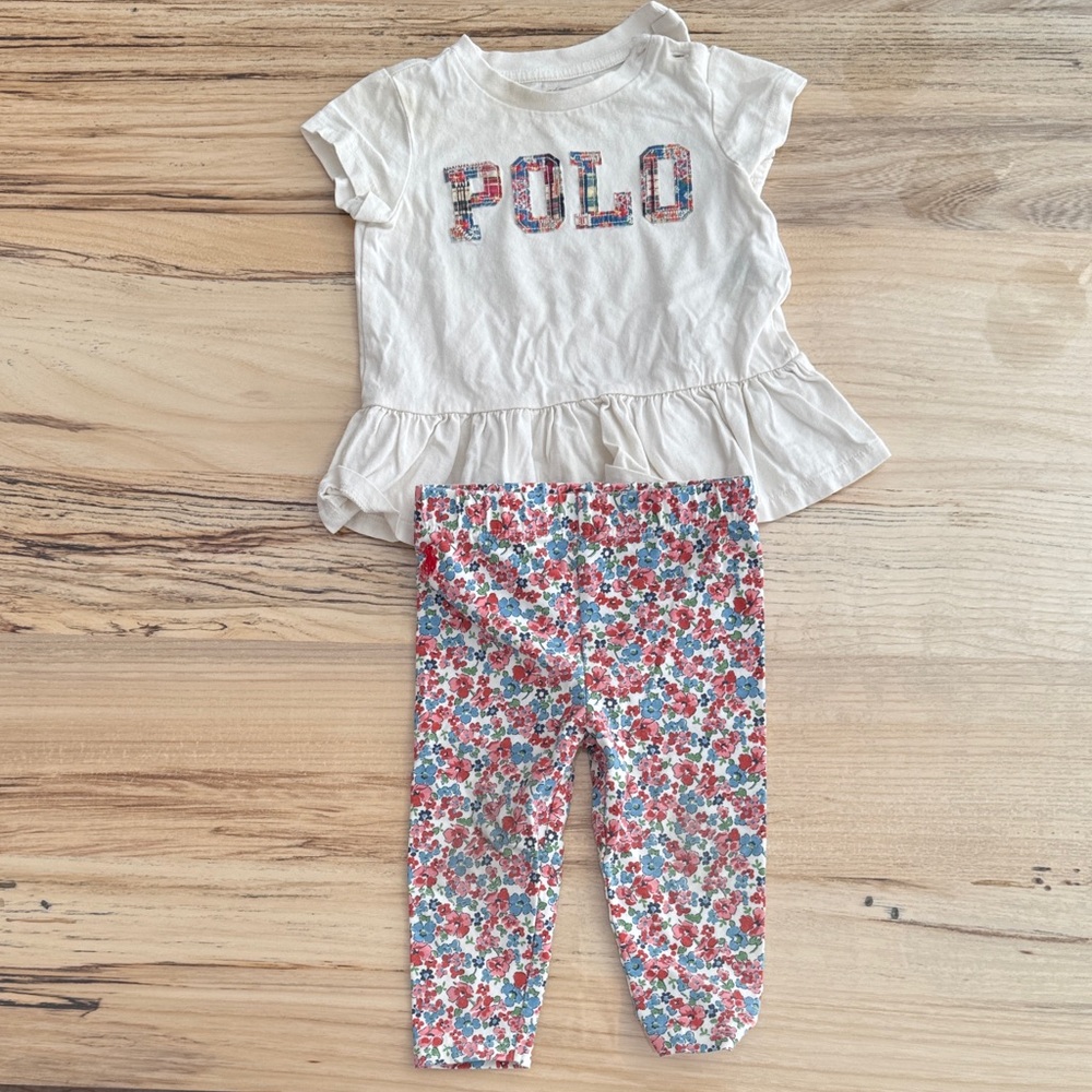 Ralph Lauren 9 months Polo White Top and Floral Leggings Set